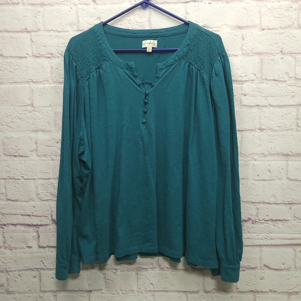 Wonderly Smocked Henley Blouse Womens‎ 4x Button Down Cottagecore Flowy Boho